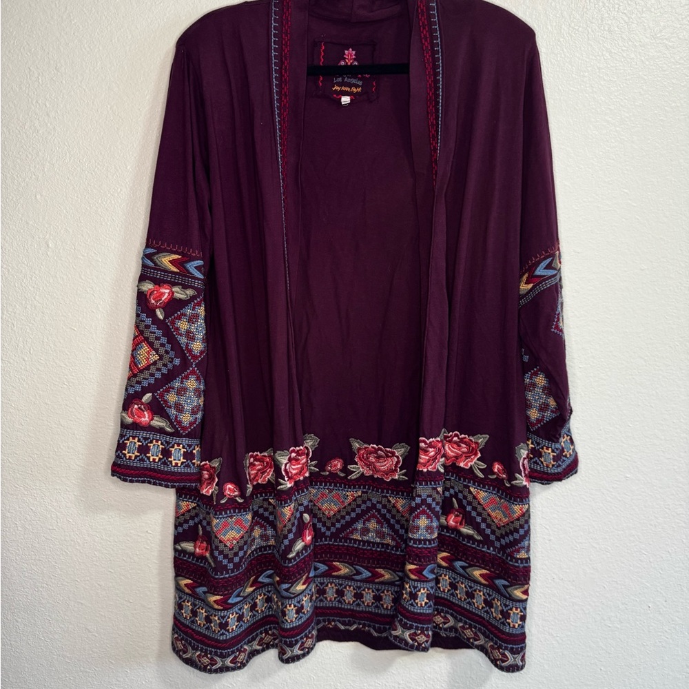 Johnny Was Purple Floral Geometric Embroidered Long Open Flowy Cardigan